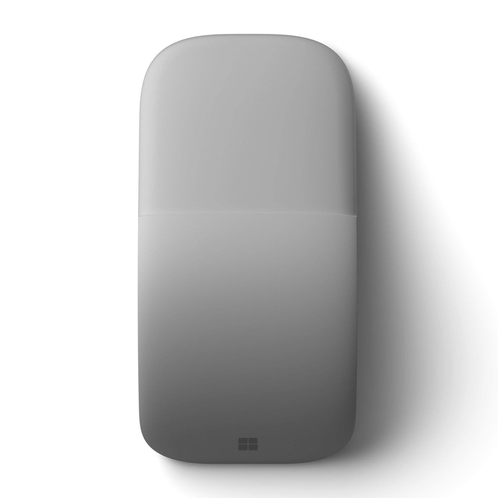 Mouse grigio su bianco. Forma piatta e arrotondata, logo Microsoft in basso.