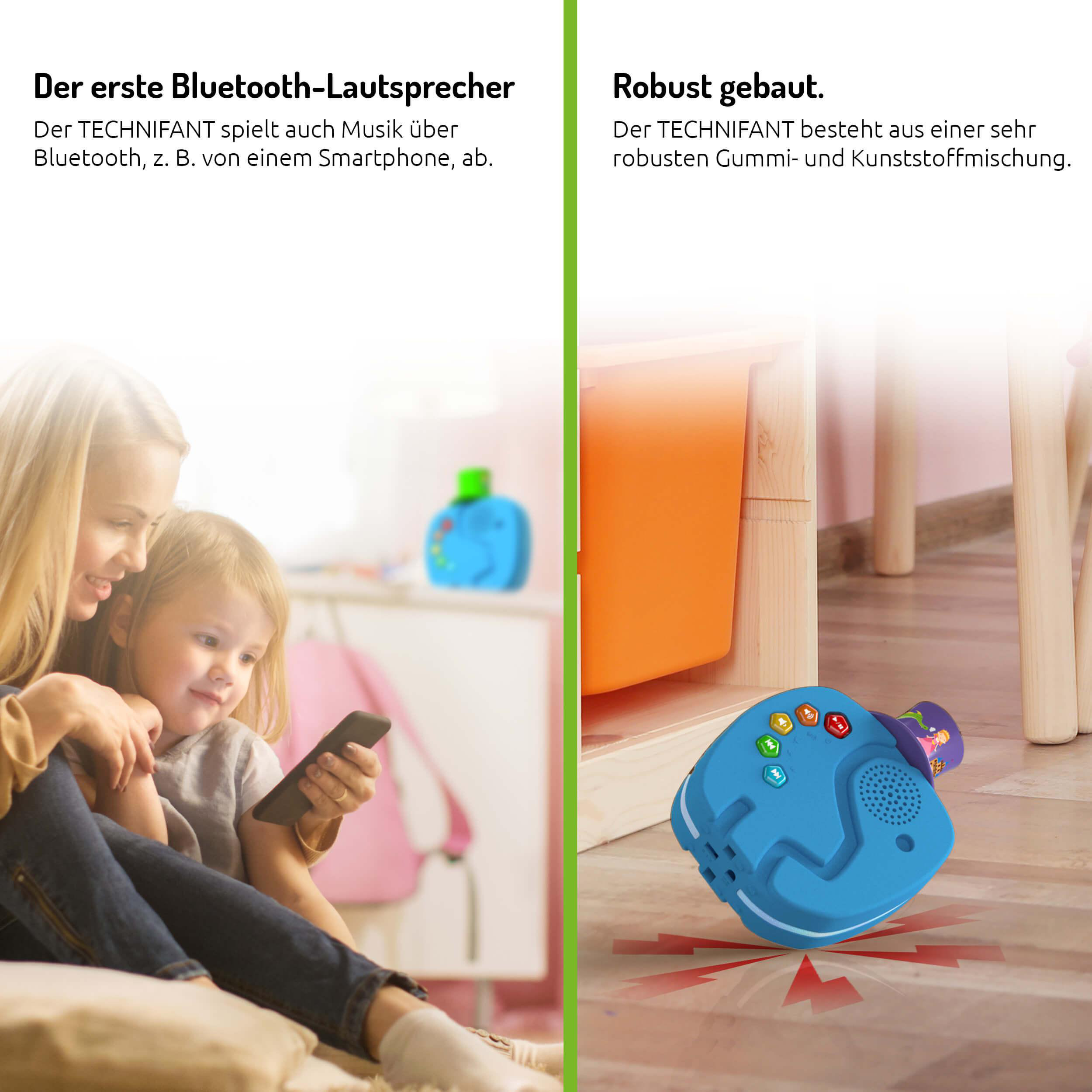 Mutter und Kind schauen auf ein Telefon. Ein blaues Spielzeug ist rechts. Text links.