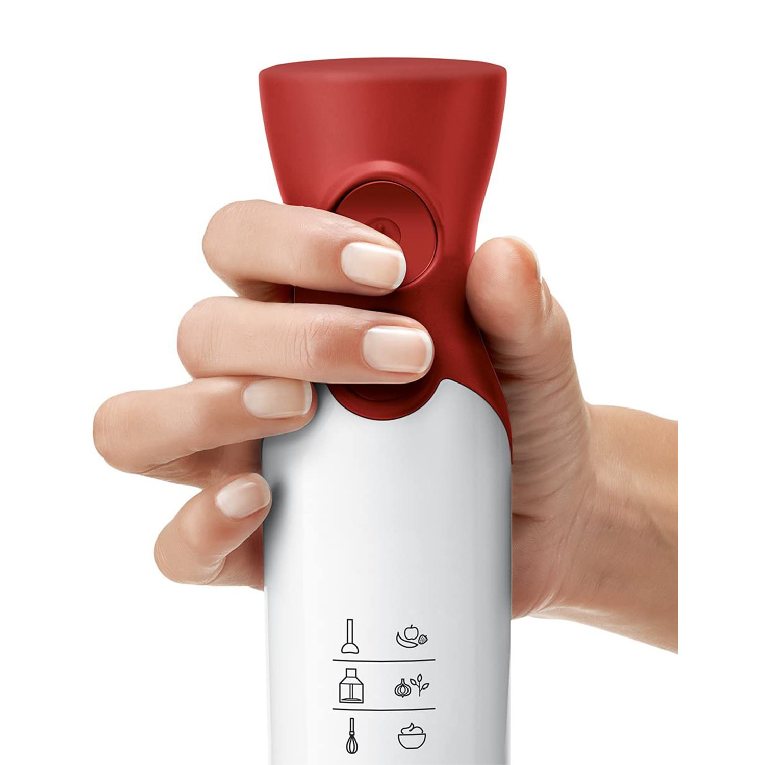Mano che tiene un frullatore a immersione rosso e bianco, con icone sottostanti.
