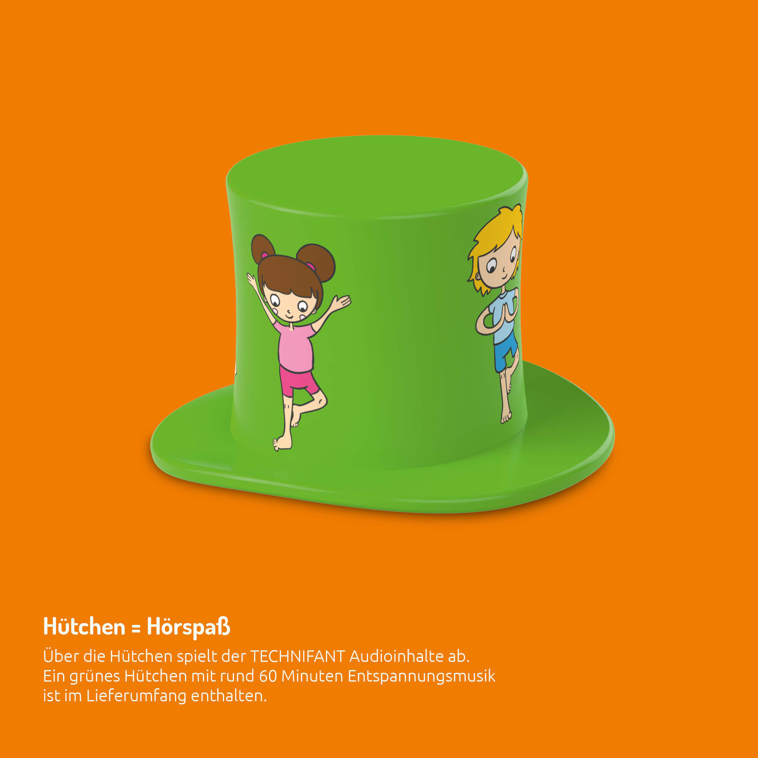 Ein grüner Zylinder mit zwei Cartoon-Kindern. Oranger Hintergrund mit deutschem Text. Die Hut ist lebhaft grün.