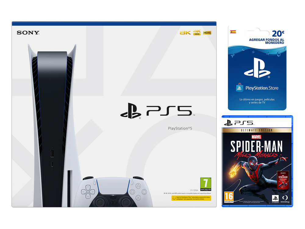 Consola - Sony PS5, 825GB, 4K, HDR, Blanco + Marvel's Spider-Man: Miles Morales (Ed. Ultimate) + Tarjeta 20€