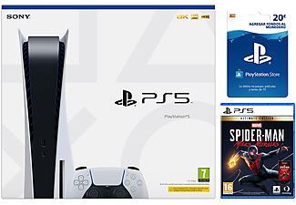 Consola - Sony PS5, 825GB, 4K, HDR, Blanco + Marvel's Spider-Man: Miles Morales (Ed. Ultimate) + Tarjeta 20€
