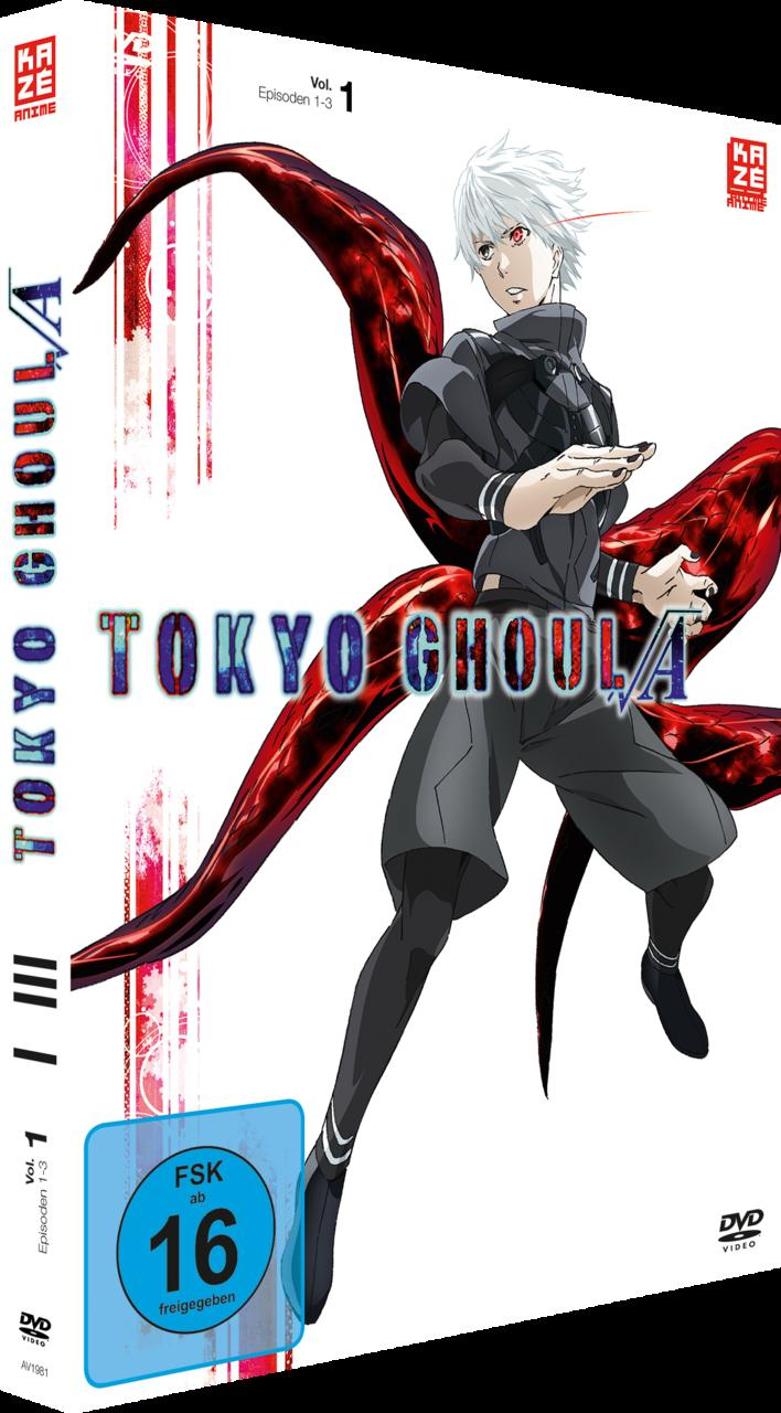 DVD-Cover für "Tokyo Ghoul". Zeigt eine Figur mit weißen Haaren, rotem Auge, schwarzer Kleidung und roten Tentakeln vor weißem Hintergrund.