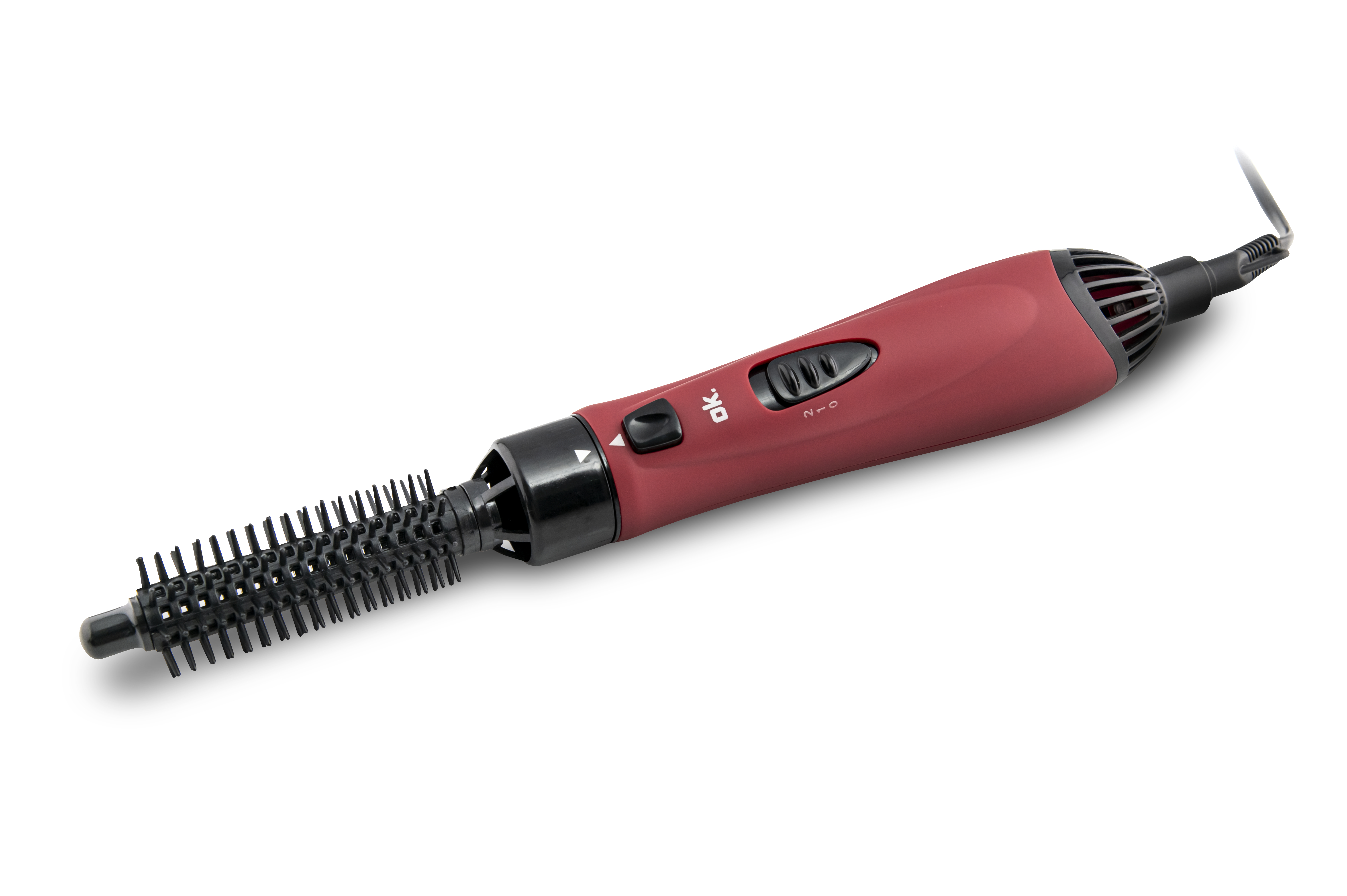 Roter und schwarzer Haarstyler auf weißem Hintergrund. Winkelaufnahme.