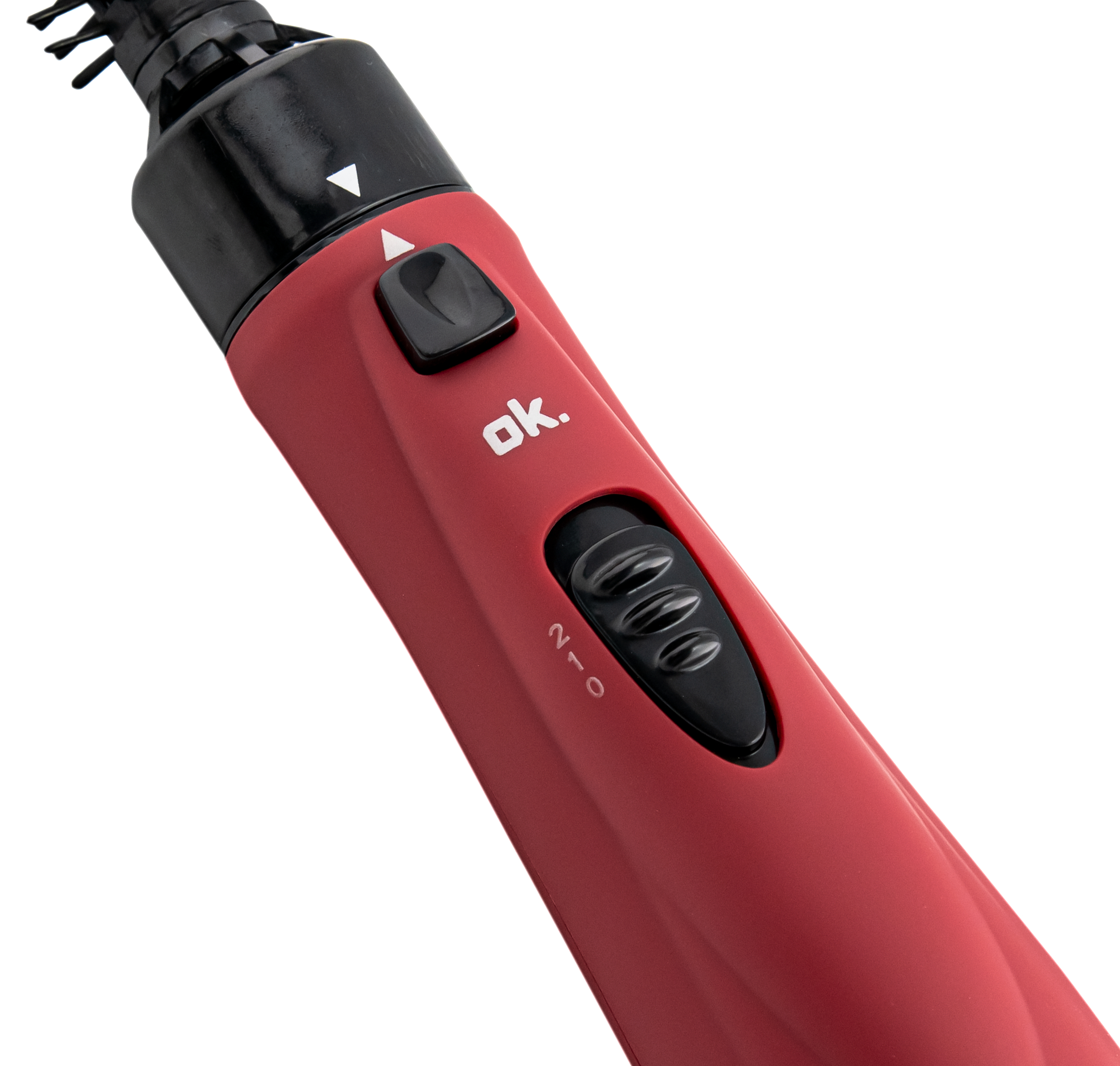 Nahaufnahme eines rot-schwarzen Haarstyling-Geräts mit Steuertasten.