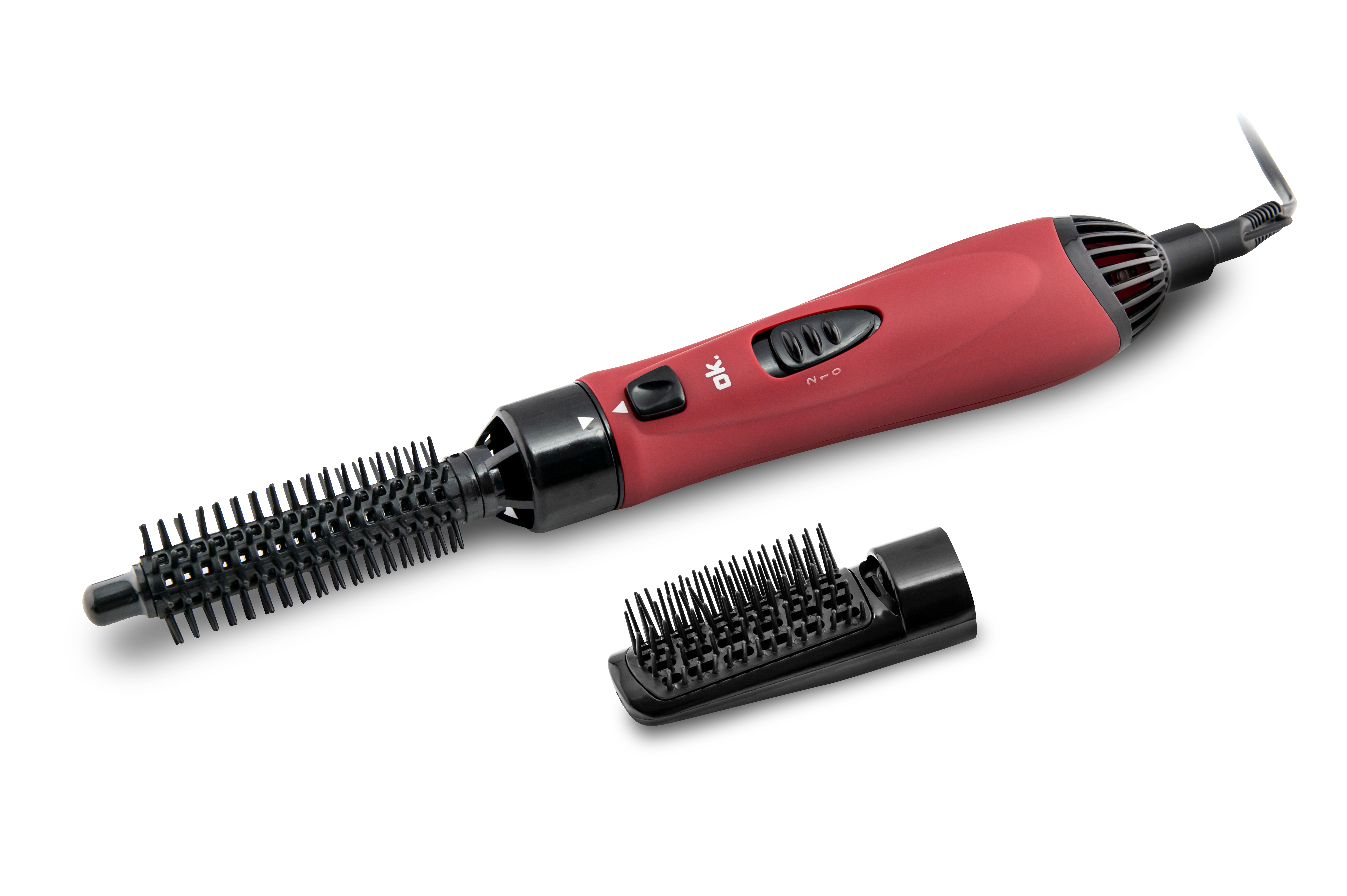 Eine rot-schwarze Haarstylingbürste mit abnehmbarem Bürstenkopf und Kabel.