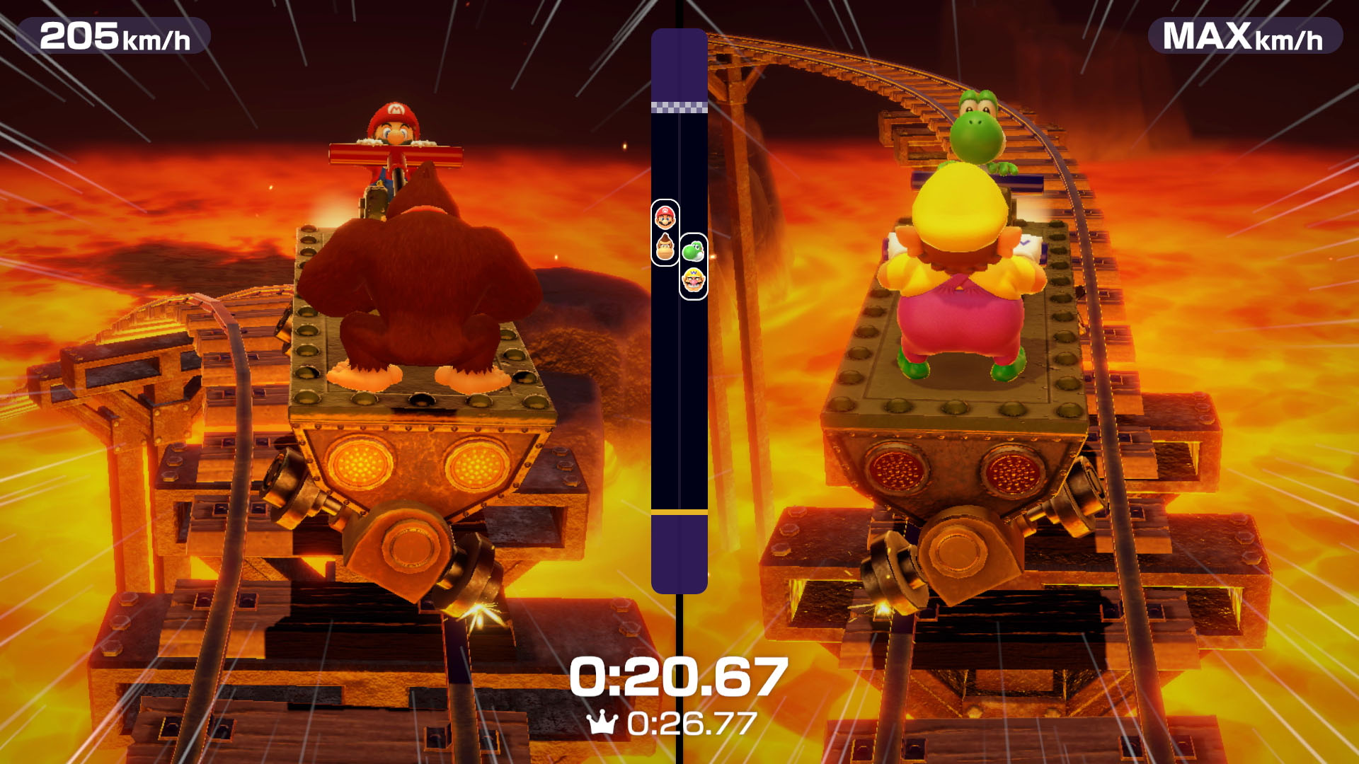 Een Mario Kart racescène met personages op tracks boven lava.