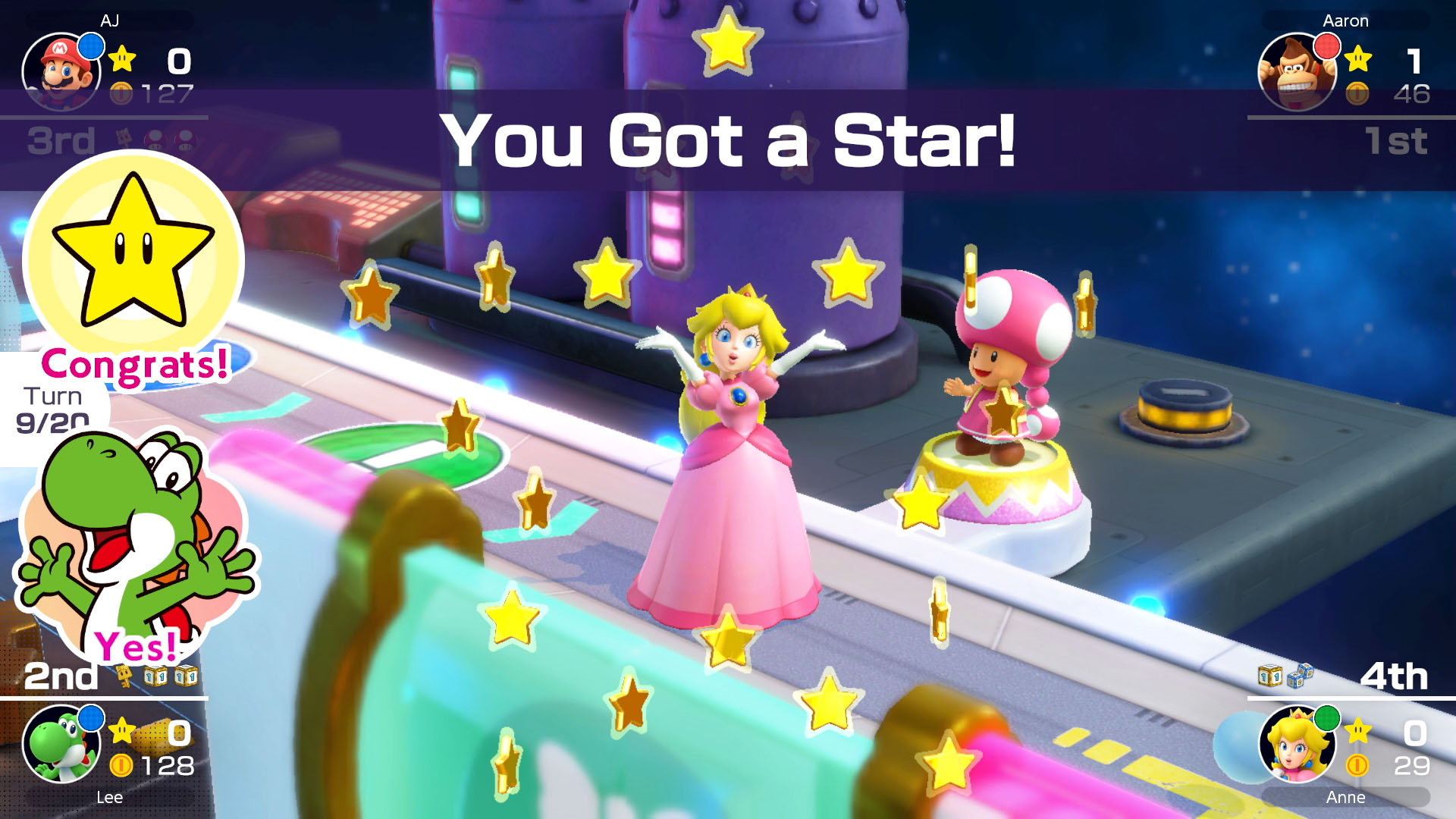 Mario Party-spelscherm met Peach en Toad, tekst 'You Got a Star!'