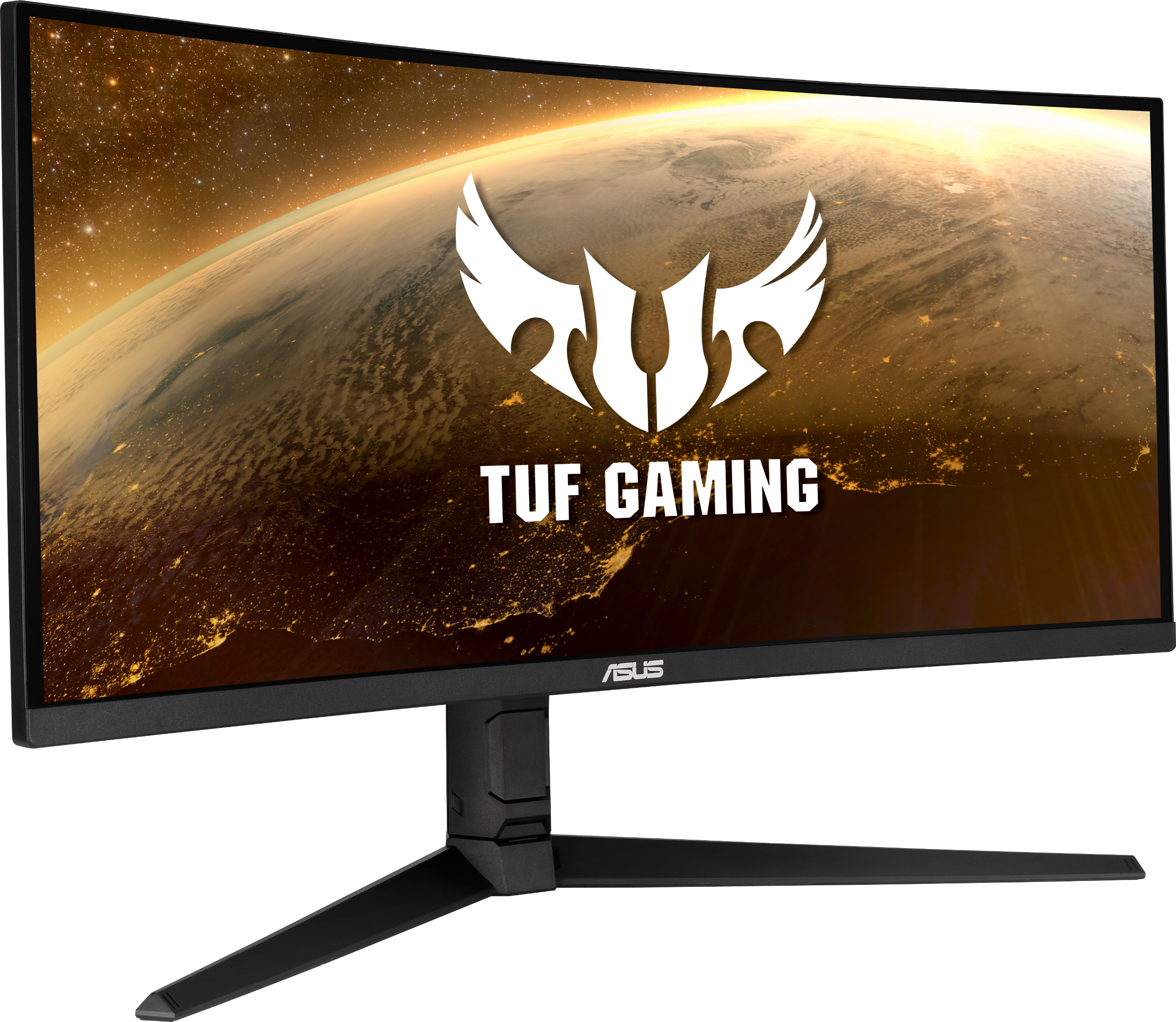 Gebogener Gaming-Monitor mit hellem Bildschirm, der eine Landschaft zeigt.