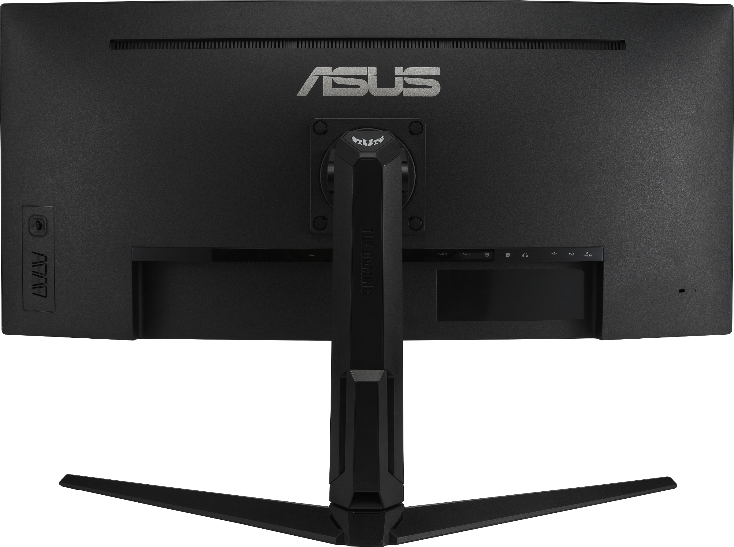 Rückseite eines schwarzen Asus-Gaming-Monitors auf weißem Hintergrund. Es hat das ASUS-Logo und Anschlüsse.
