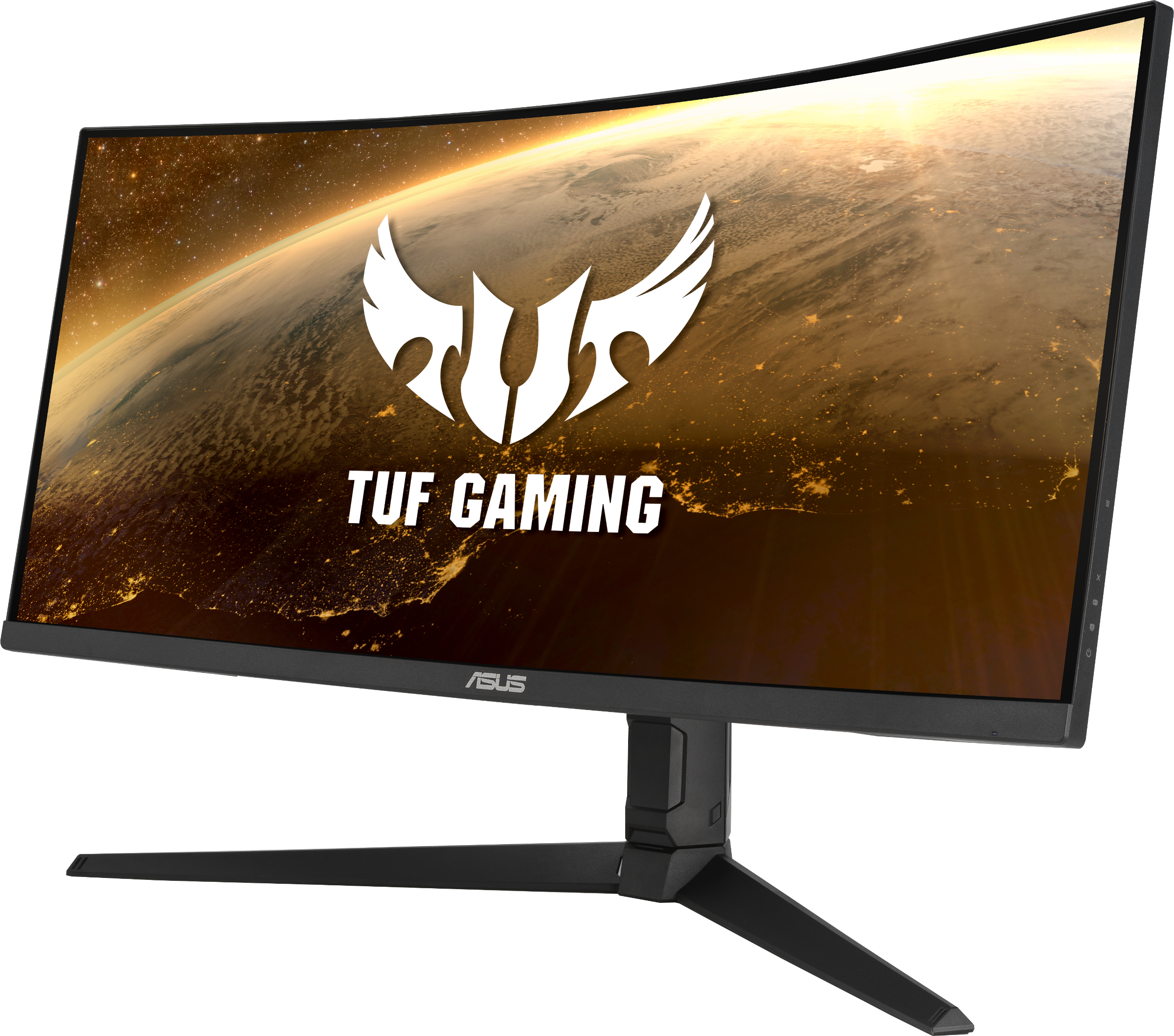 Gebogener Monitor mit TUF Gaming Logo zeigt bunten Hintergrund. Schwarzer Ständer und ASUS Logo sichtbar.