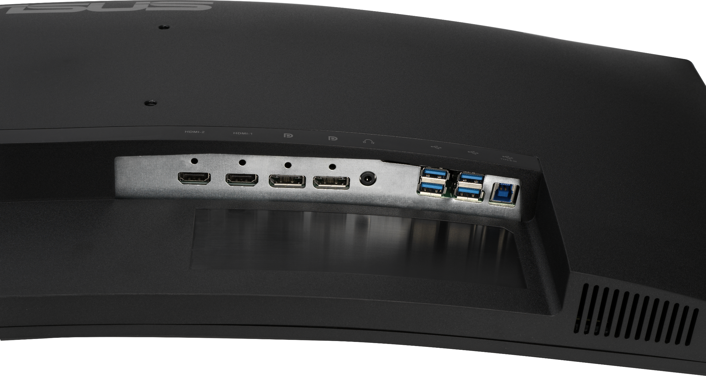 Rückansicht eines schwarzen, gewölbten Monitors mit USB- und HDMI-Anschlüssen.