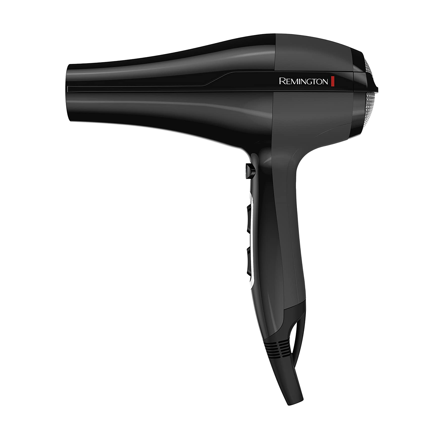 Asciugacapelli Remington nero isolato su sfondo bianco. Ha un design elegante con toni neri e grigi.