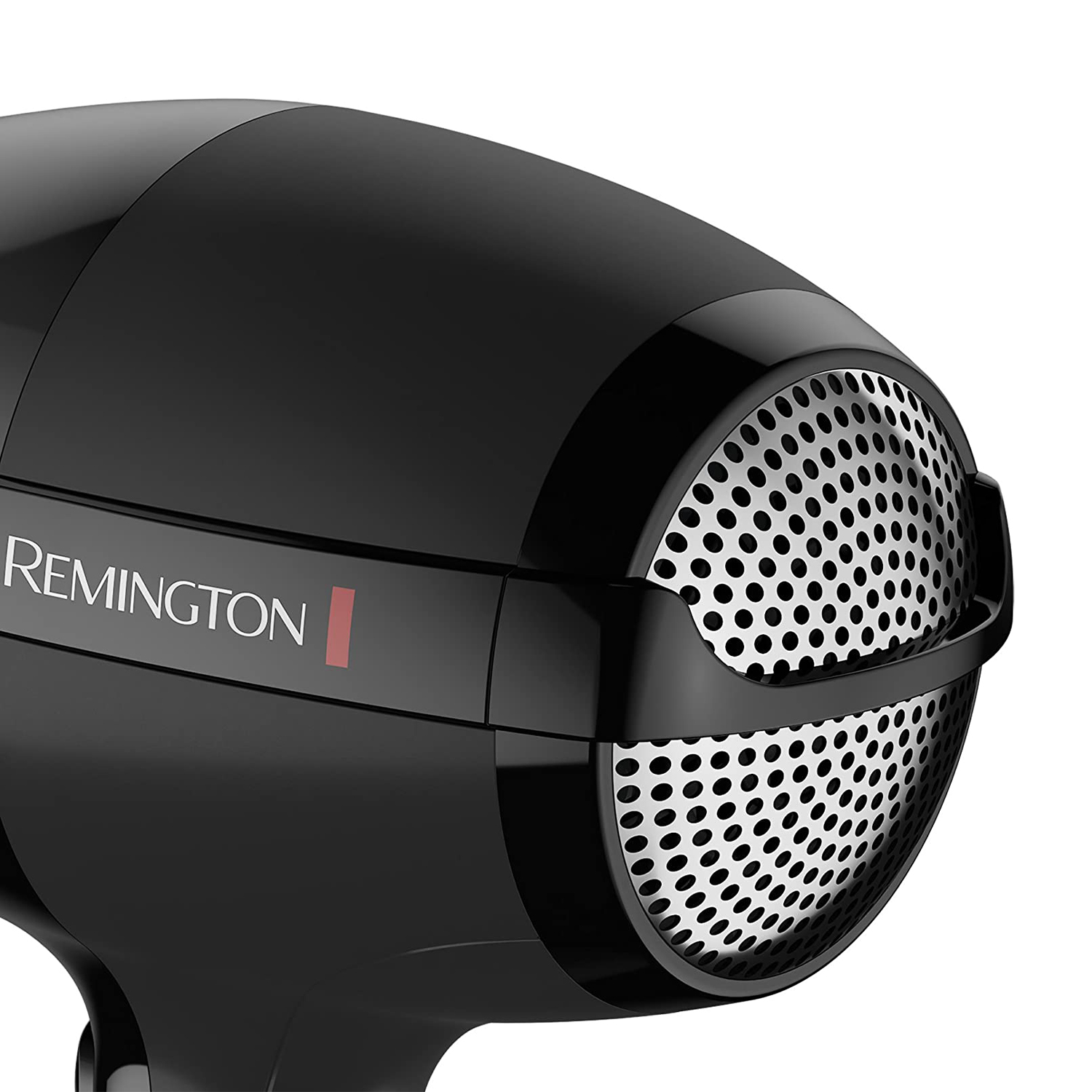Primo piano di un asciugacapelli Remington nero con una rete argentata su sfondo bianco.