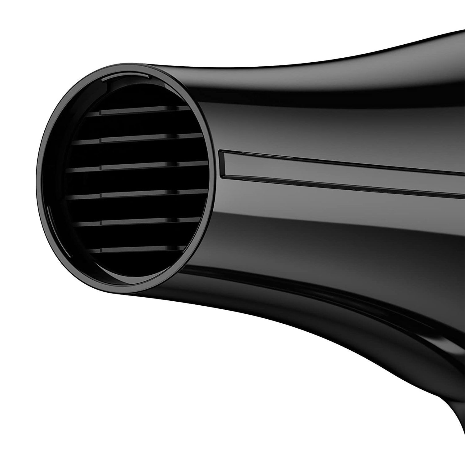 Primo piano dell'ugello di un asciugacapelli nero, con uscita dell'aria circolare e lamelle.