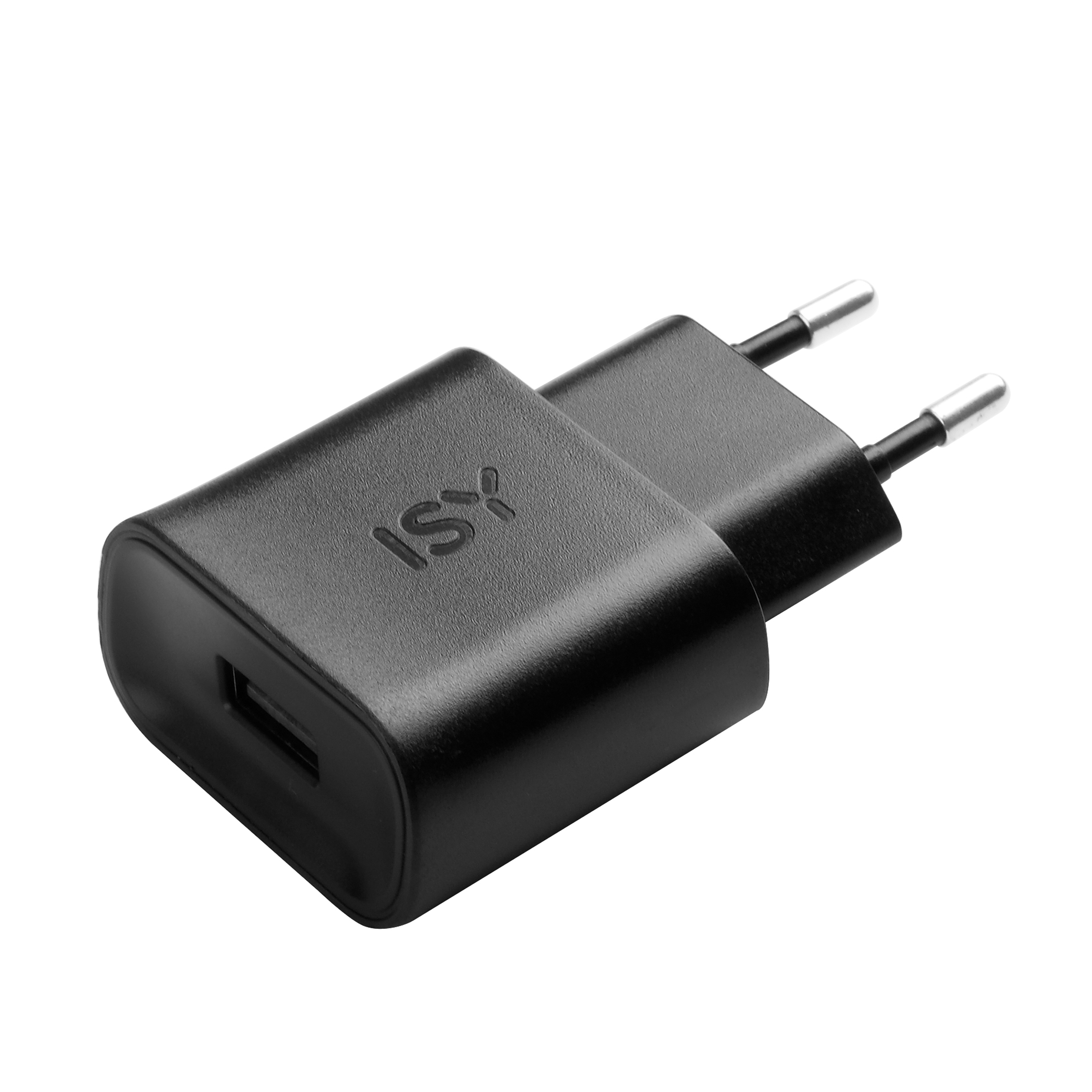 Caricatore USB ISY nero con due spine, angolato su una superficie bianca.