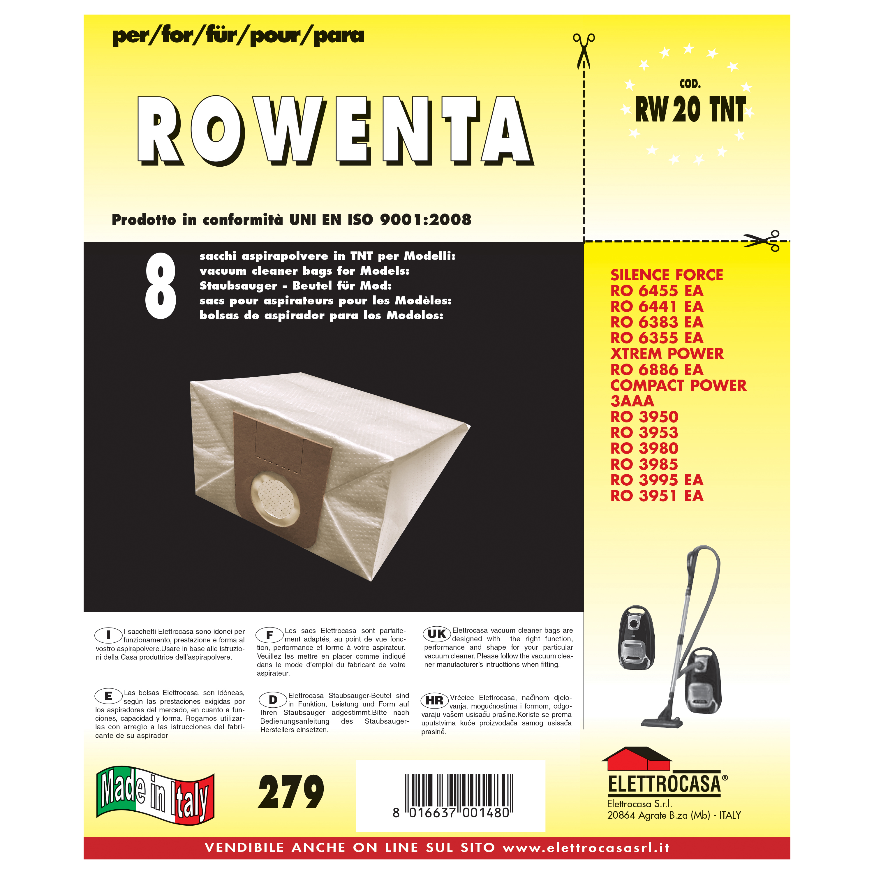 Confezione 8 sacchi aspirapolvere Elettrocasa RW 20 TNT