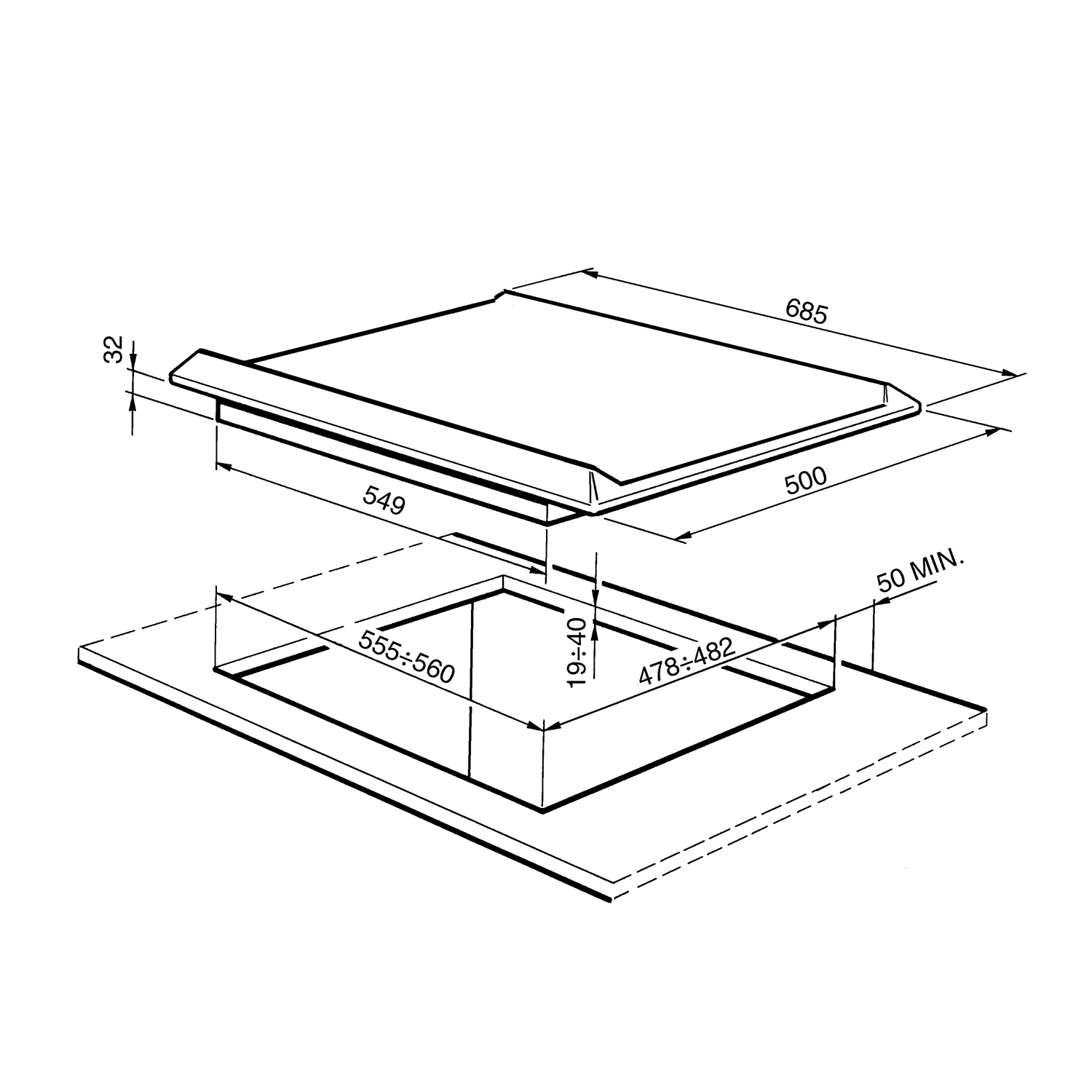 Un diagramma di un piano cottura a incasso. Dimensioni ed etichette visibili per l'installazione.