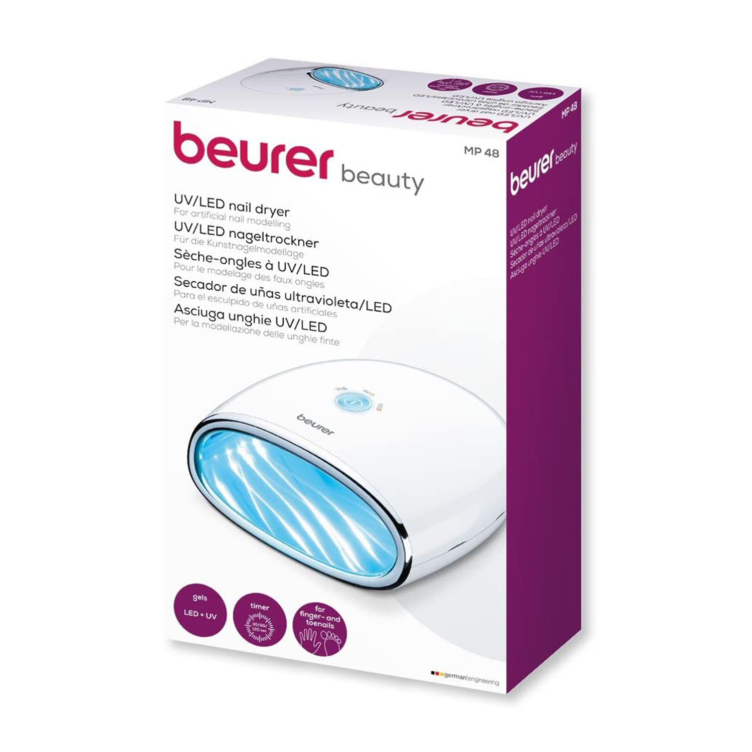 Una scatola bianca e viola per un'asciuga unghie UV/LED. L'asciuga unghie è bianco con luce blu. Confezione del prodotto.