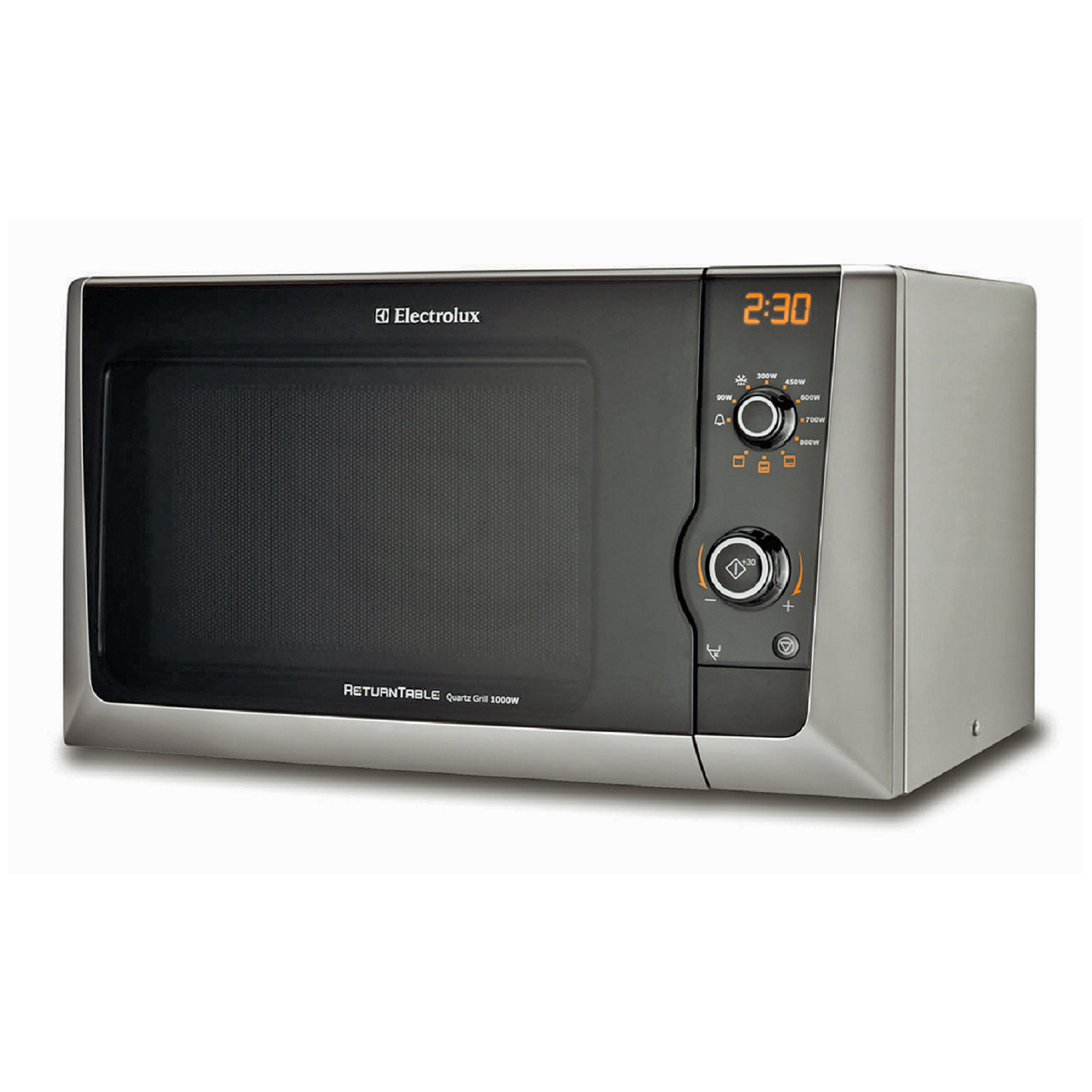 Forno a microonde argento e nero con display digitale che mostra 2:30 su sfondo bianco.
