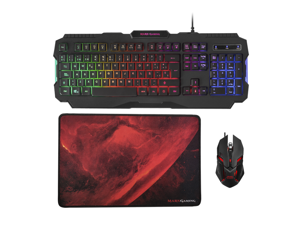 Mars Gaming Rgb mcp118 combo 3in1 pack iluminación de teclado y alfombrilla usb negro kit raton 10 layout español multiplataforma