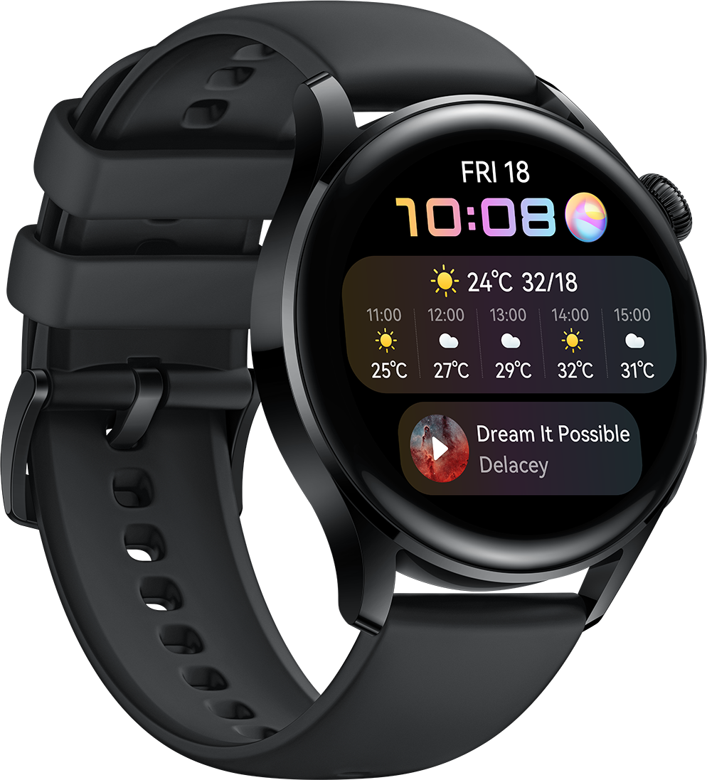 Zwarte smartwatch die tijd, weer en muziekbediening weergeeft op een donker scherm.