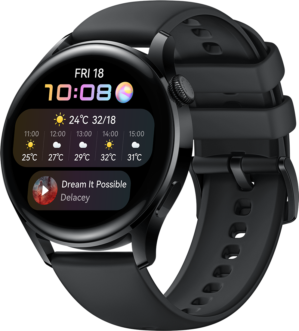 Zwarte smartwatch met tijd, datum en weer. Toont een nummer dat wordt afgespeeld.