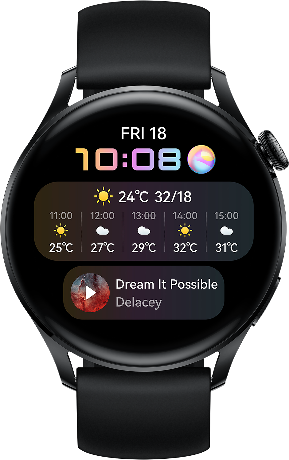 Smartwatch die tijd, weer en andere informatie weergeeft. Zwart horloge met een rond scherm.