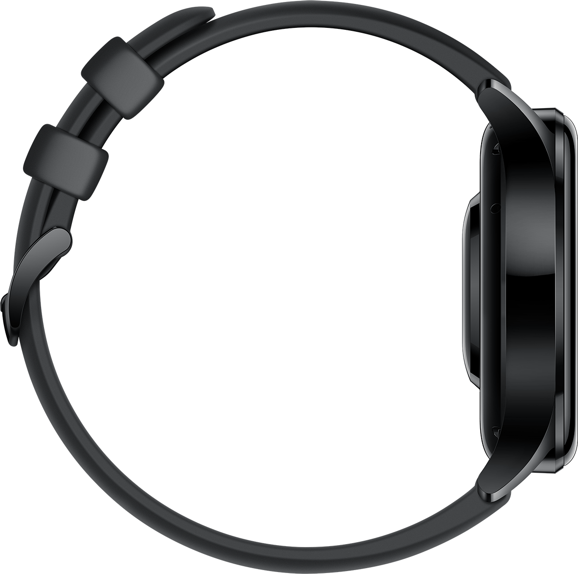 Een zwarte smartwatch met een zwarte band, van de zijkant bekeken, tegen een zwarte achtergrond.