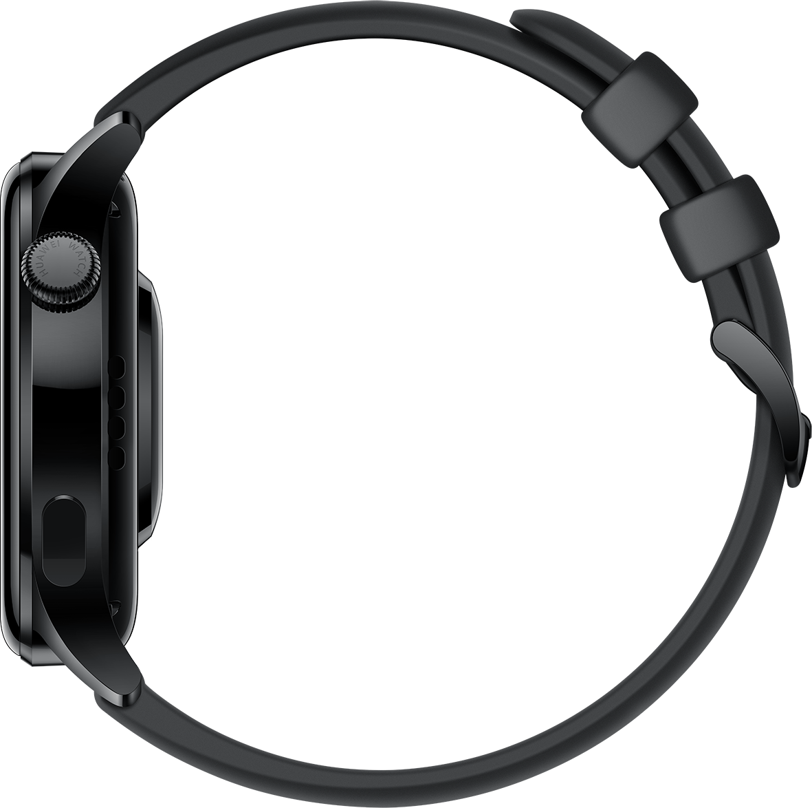 Zwarte smartwatch met zwarte band, zijaanzicht op een zwarte achtergrond.