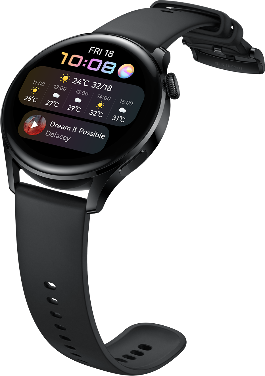 Zwarte smartwatch met ronde wijzerplaat die tijd, weer en gezondheidsgegevens weergeeft op een zwarte achtergrond.
