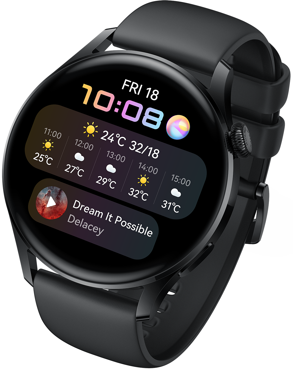 Een zwarte smartwatch met tijd, weer en muziekbediening, met een gebogen scherm.