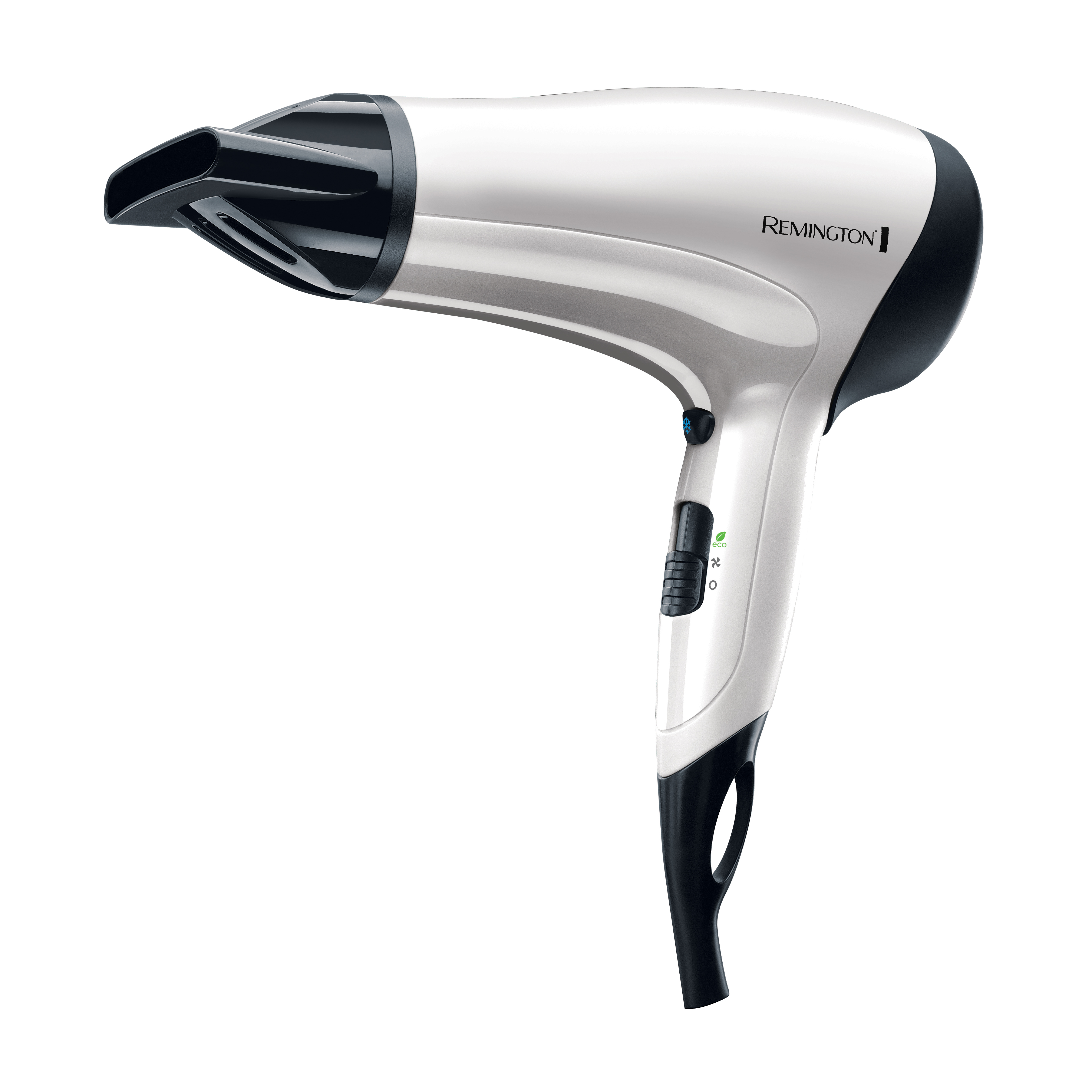 Asciugacapelli bianco e nero, angolato a sinistra, con comandi sull'impugnatura. Marchio: Remington.