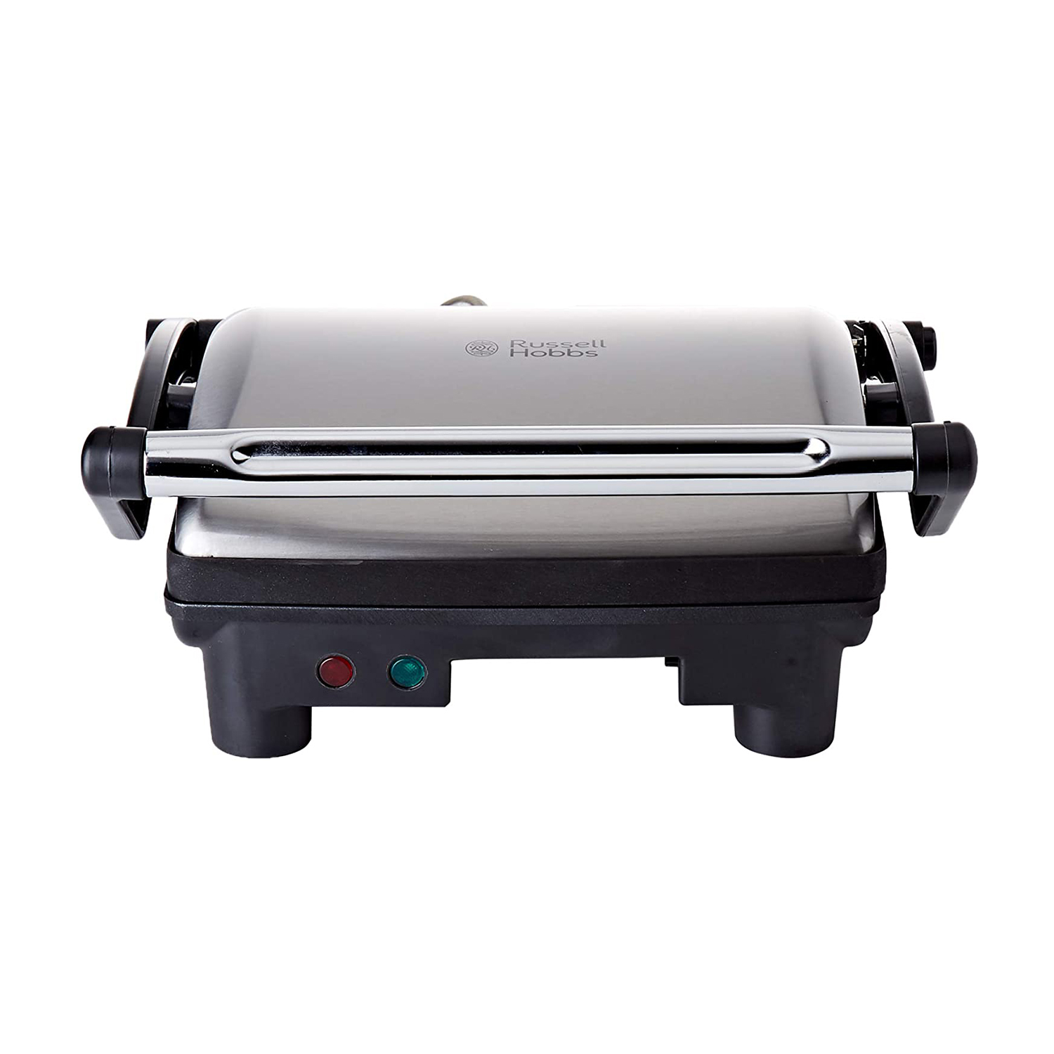 Grill Russell Hobbs argentato. Luci rosse e verdi, base nera, maniglia argentata. Sfondo bianco.