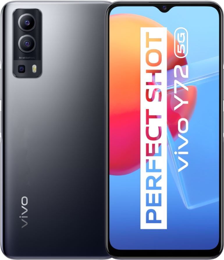 Schwarz-graues Vivo Y72 5G-Telefon, Vorder- und Rückseite zeigend. Der Bildschirm zeigt 'PERFECT SHOT' und 'vivo Y72 5G'.