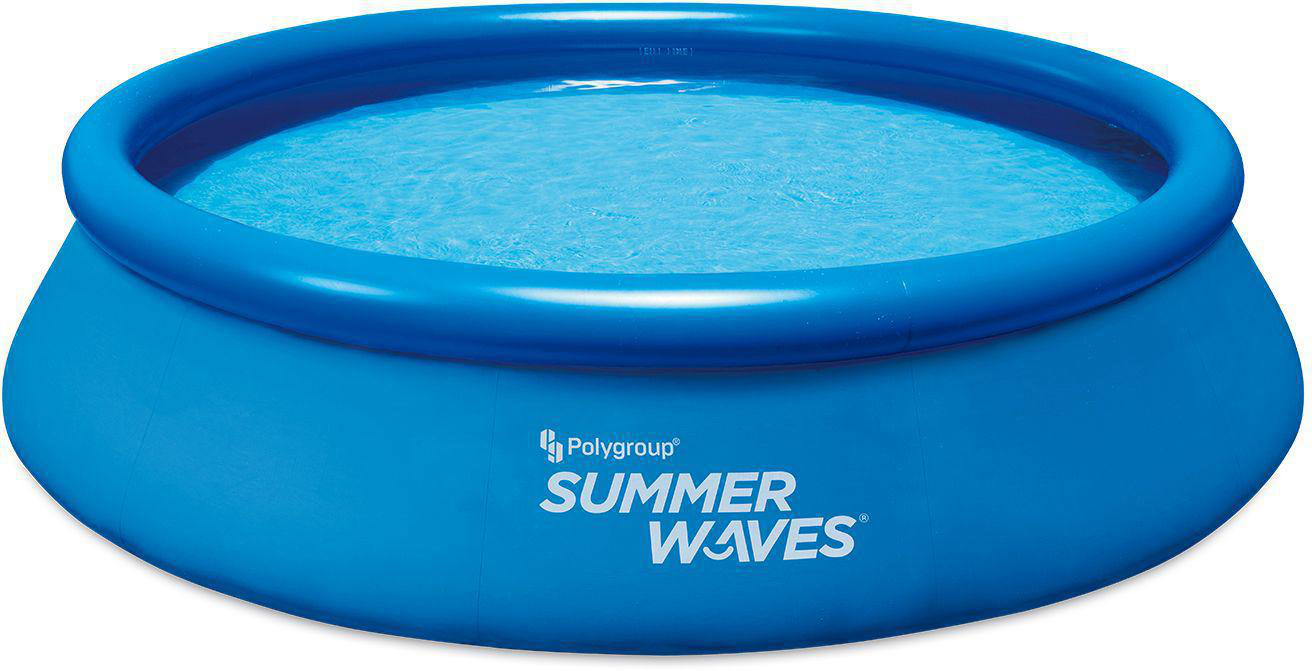 Blauer aufblasbarer Pool mit Wasser. Die Marke 'Summer Waves' ist sichtbar. Weißer Hintergrund.