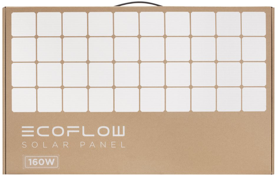 Kartondoboz napelemráccsal és 'ECOFLOW SOLAR PANEL 160W' felirattal.