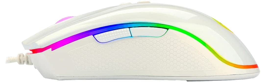 Fehér gaming egér RGB világítással az oldalán és kábellel, sötét háttér előtt.