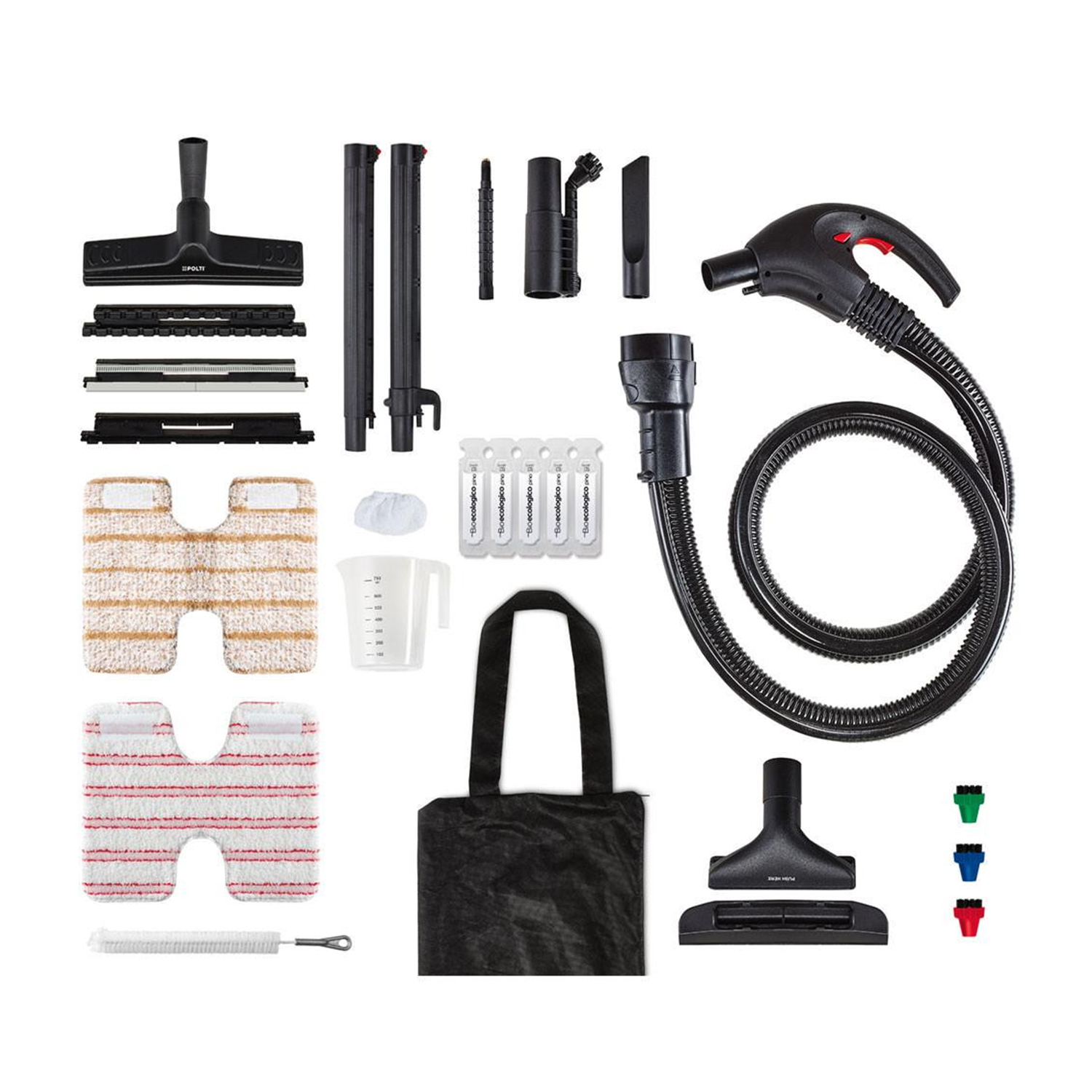 Set pulitore a vapore con vari accessori, tra cui spazzole, cuscinetti e una borsa per il trasporto.