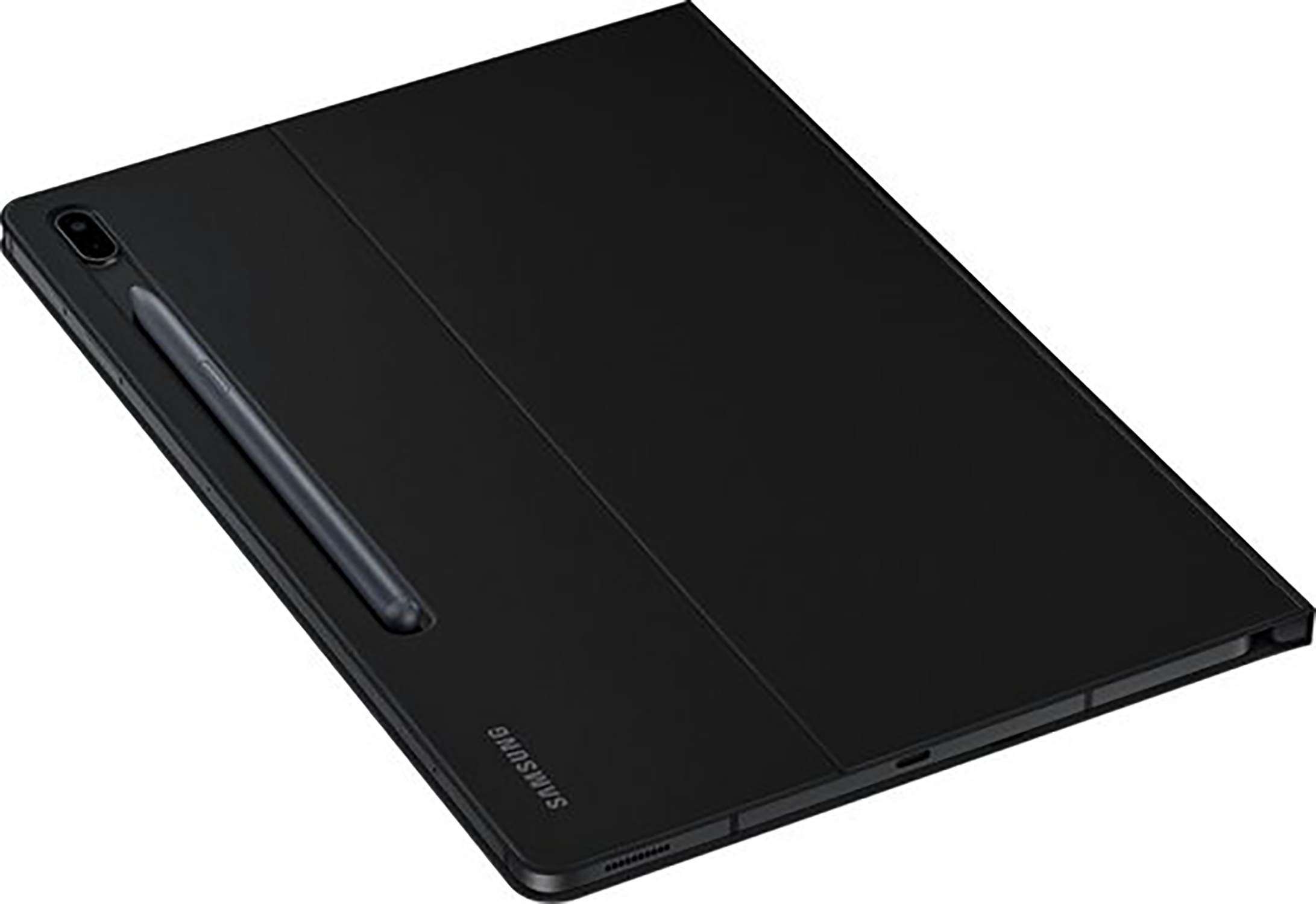 Zwarte tablet met stylus. De tablet is gesloten, met de hoes en stylus zichtbaar.