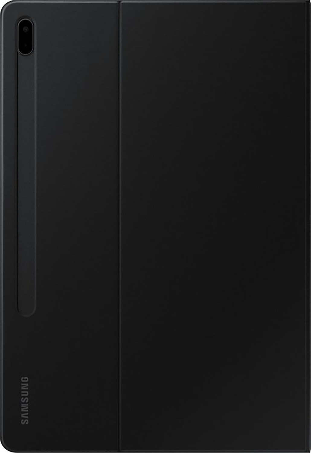 Een zwarte tablethoes, gesloten, met een zwarte stylus erin. Het merk Samsung is zichtbaar.