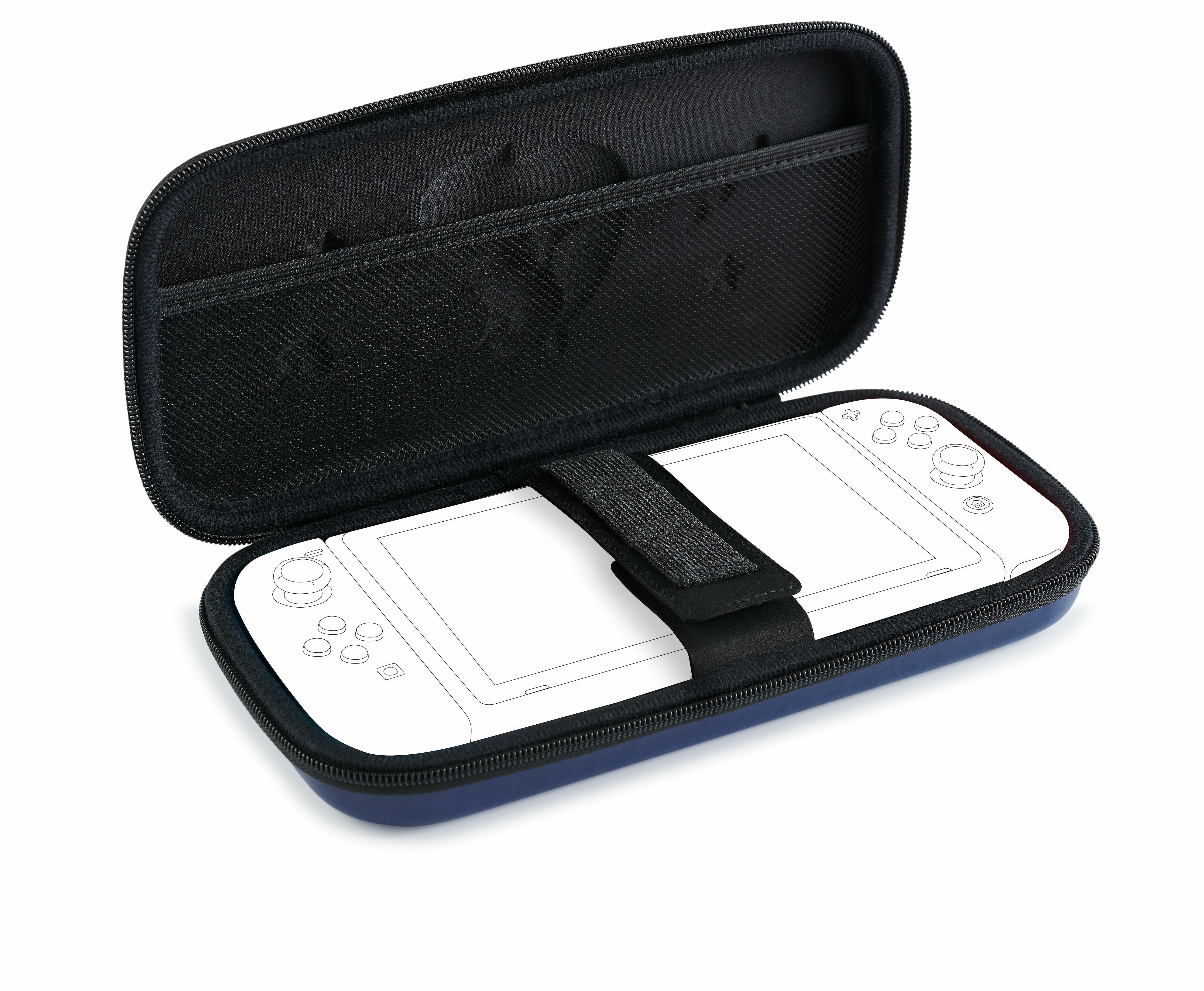 Offene blaue Hülle mit weißer Konsolenkontur, schwarze Netztasche.