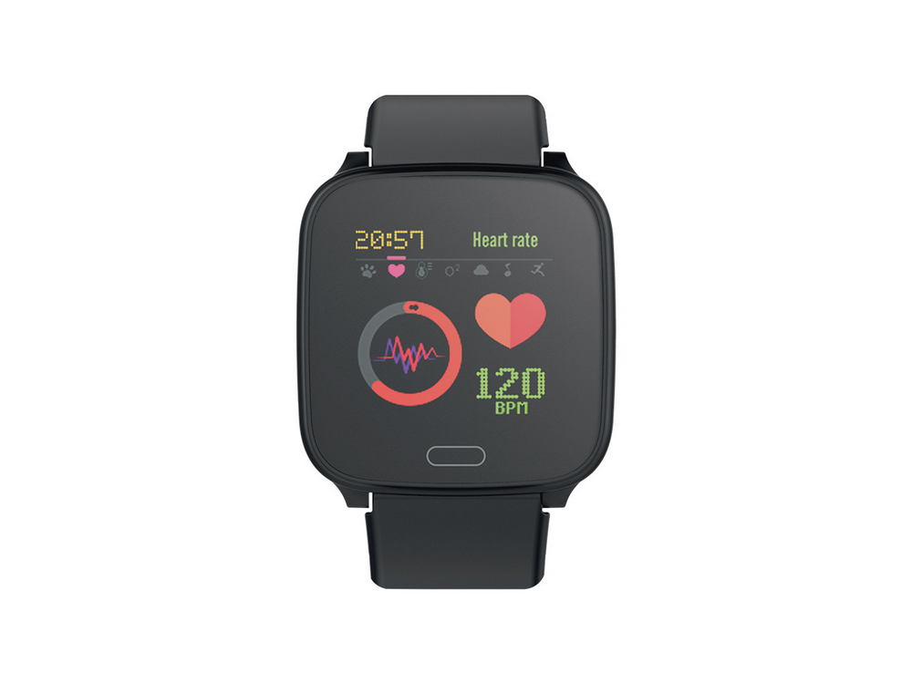 Un reloj inteligente negro que muestra la frecuencia cardíaca y la hora, con métricas e iconos en la pantalla.