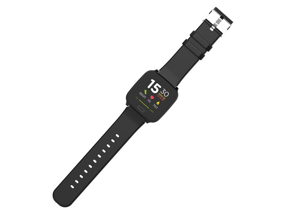 Smartwatch negra con correa negra. Muestra la hora y datos de actividad en la pantalla.