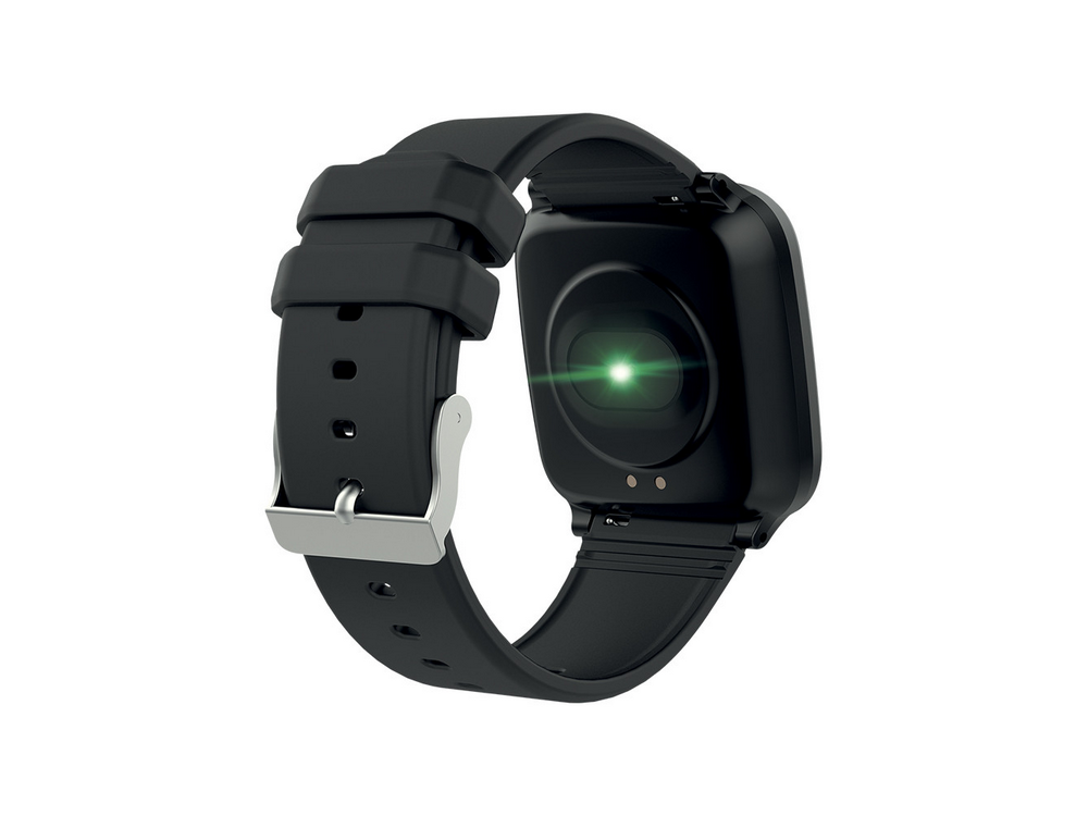 Parte trasera de un smartwatch negro. Una luz verde es visible en el área del sensor.