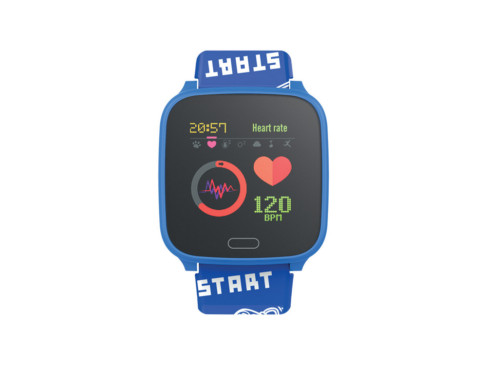 Un smartwatch azul con una pantalla de frecuencia cardíaca que muestra 120 BPM. La banda dice START. La hora es 20:57.
