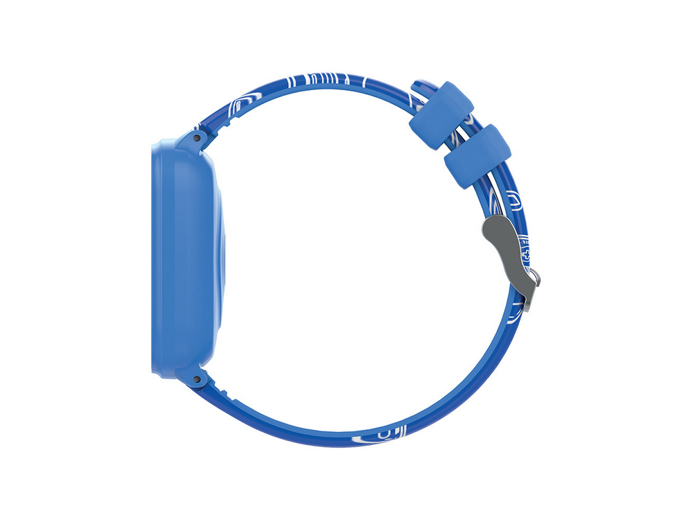 Un reloj inteligente azul con una correa azul. La correa tiene diseños blancos.