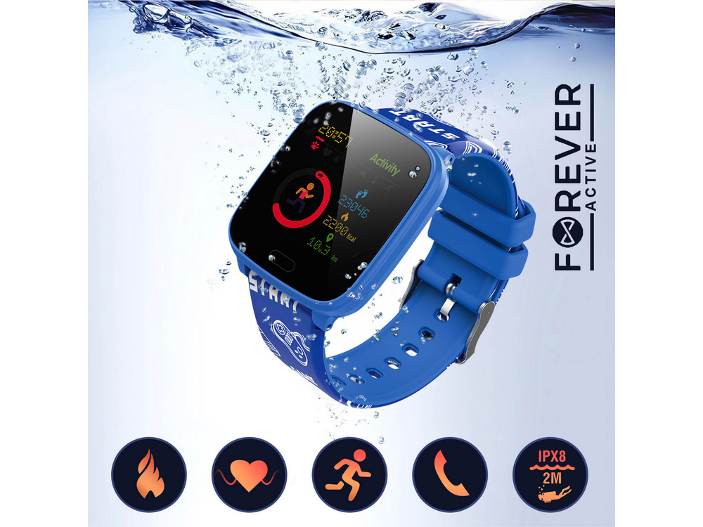 Un smartwatch azul con efecto de salpicaduras de agua e iconos.