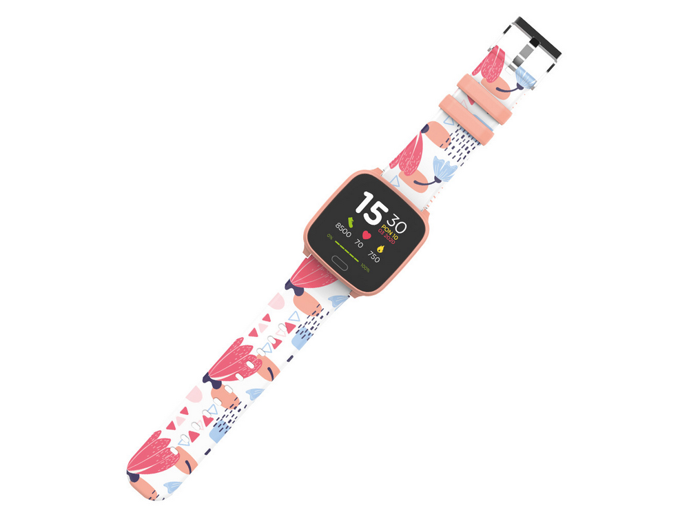 Un smartwatch rosa con una correa estampada floral en blanco y rosa, sobre una superficie blanca.