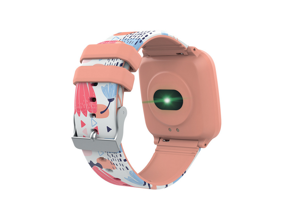 Un reloj inteligente con una correa floral, sensor de frecuencia cardíaca visible.
